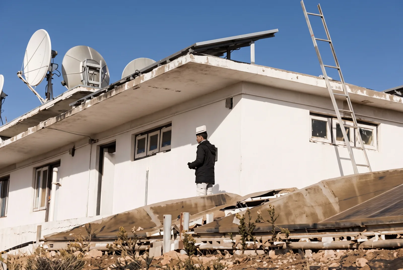 Small remote building with a solar module and equipment
